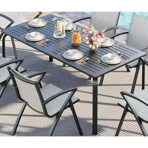 Table de salle à manger de patio en aluminium de 71", table de patio extérieure en aluminium, plateau à lattes et trou pour parasol, noir résistant aux intempéries pour jardin, cour, pelouse