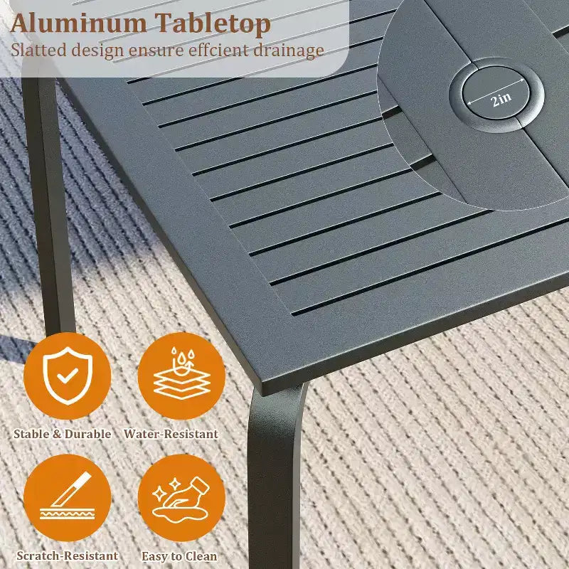 Table de salle à manger de patio en aluminium de 71", table de patio extérieure en aluminium, plateau à lattes et trou pour parasol, noir résistant aux intempéries pour jardin, cour, pelouse