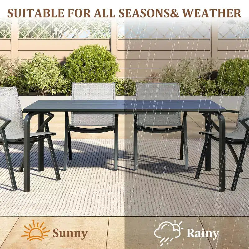 Table de salle à manger de patio en aluminium de 71", table de patio extérieure en aluminium, plateau à lattes et trou pour parasol, noir résistant aux intempéries pour jardin, cour, pelouse