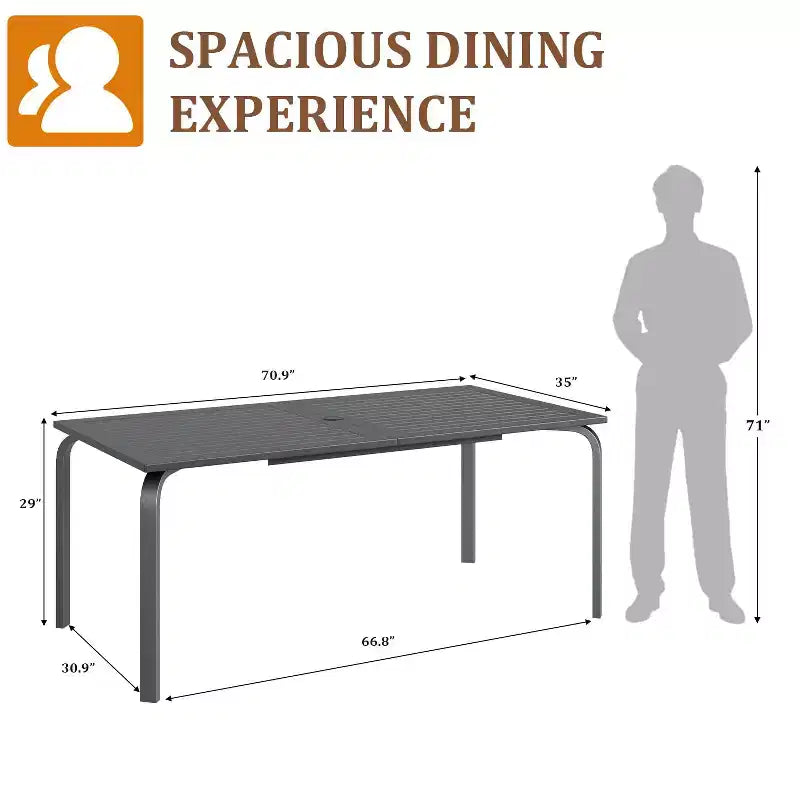 Table de salle à manger de patio en aluminium de 71", table de patio extérieure en aluminium, plateau à lattes et trou pour parasol, noir résistant aux intempéries pour jardin, cour, pelouse