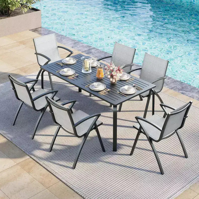 Table de salle à manger de patio en aluminium de 71", table de patio extérieure en aluminium, plateau à lattes et trou pour parasol, noir résistant aux intempéries pour jardin, cour, pelouse