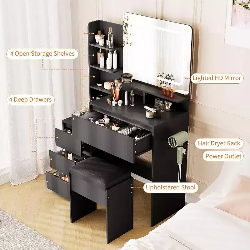 Acekool 36 Coiffeuse avec Miroir et Lumières LED, Prises de Courant, Ports USB, 4 Tiroirs, Étagères de Rangement, Tabouret, Éclairage 3 Couleurs pour Chambre à Coucher, Blanc