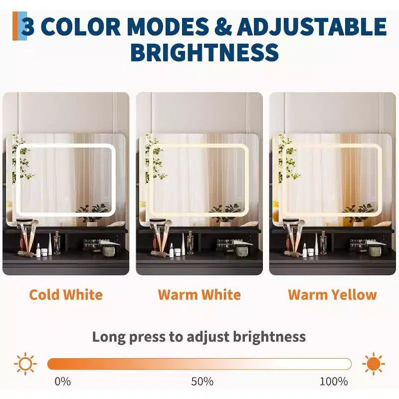 Acekool 36 Coiffeuse avec Miroir et Lumières LED, Prises de Courant, Ports USB, 4 Tiroirs, Étagères de Rangement, Tabouret, Éclairage 3 Couleurs pour Chambre à Coucher, Blanc