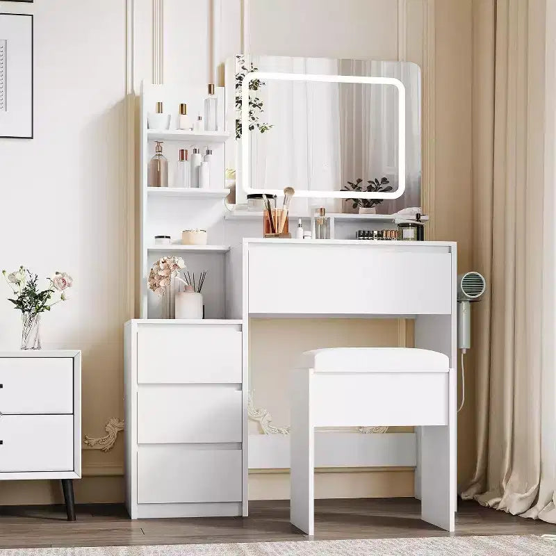 Acekool 36 Coiffeuse avec Miroir et Lumières LED, Prises de Courant, Ports USB, 4 Tiroirs, Étagères de Rangement, Tabouret, Éclairage 3 Couleurs pour Chambre à Coucher, Blanc