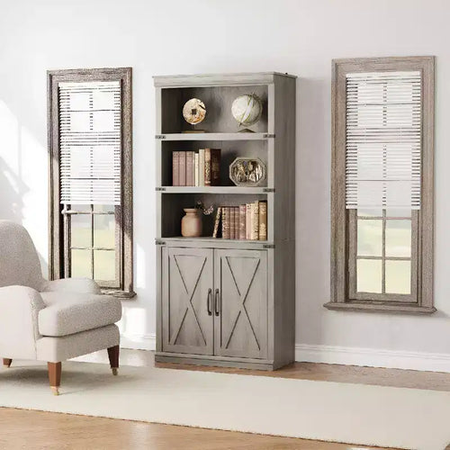 5-Shelf Bookcase with Storage Cabinet, Rustic Farmhouse Wooden Bookshelf with Doors, Freestanding 5-Tier Display Cabinet for Living Room, Bedroom