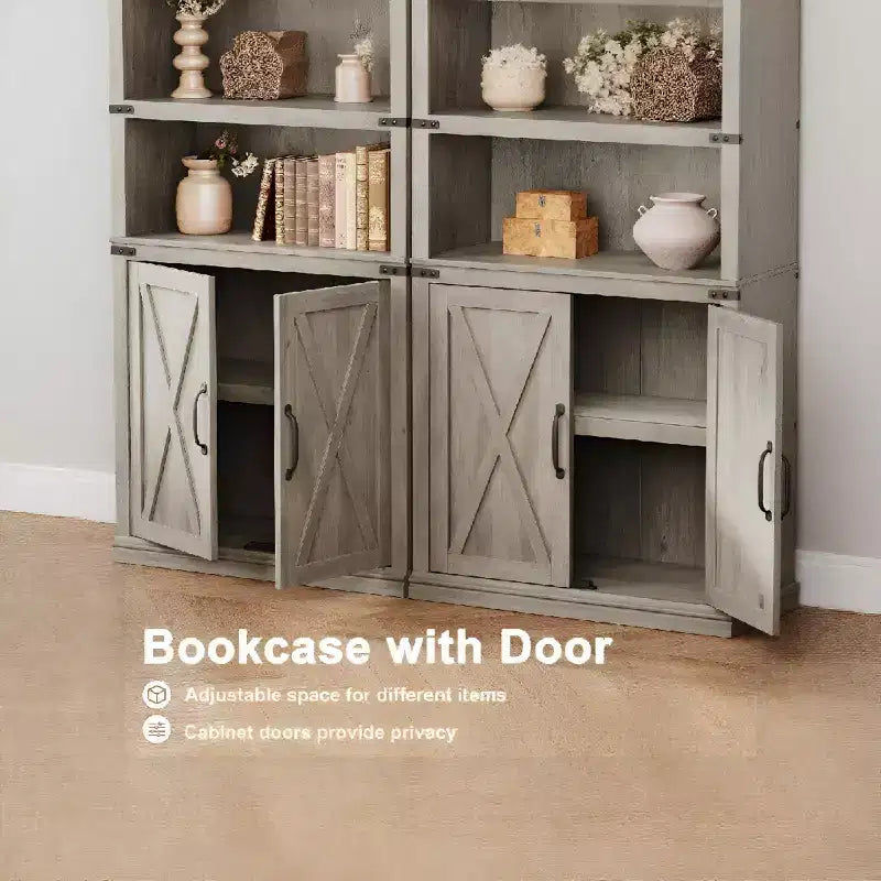 Bibliothèque à 5 étagères avec armoire de rangement, étagère en bois rustique de style ferme avec portes, meuble de rangement autonome à 5 niveaux pour salon, chambre à coucher