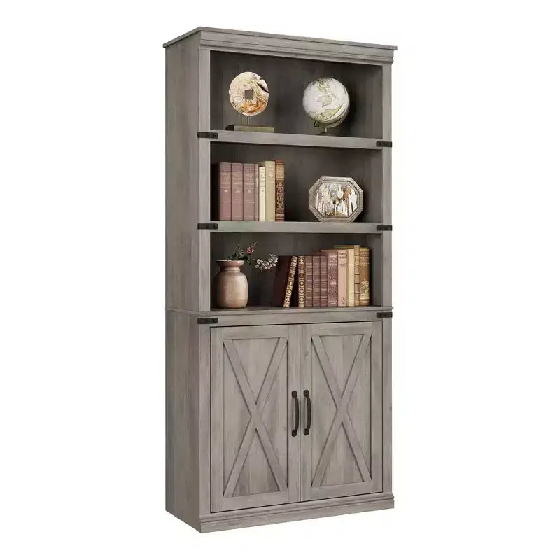Bibliothèque à 5 étagères avec armoire de rangement, étagère en bois rustique de style ferme avec portes, meuble de rangement autonome à 5 niveaux pour salon, chambre à coucher