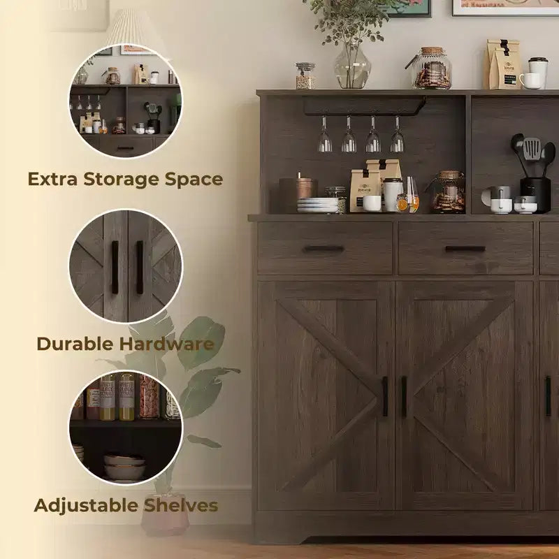 Buffet de ferme avec support à micro-ondes, buffet de rangement avec portes coulissantes, tiroirs et étagères, meuble bar à café en bois