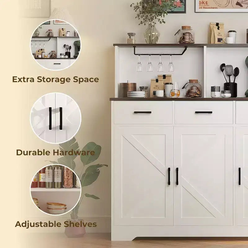 Buffet de ferme avec support à micro-ondes, buffet de rangement avec portes coulissantes, tiroirs et étagères, meuble bar à café en bois