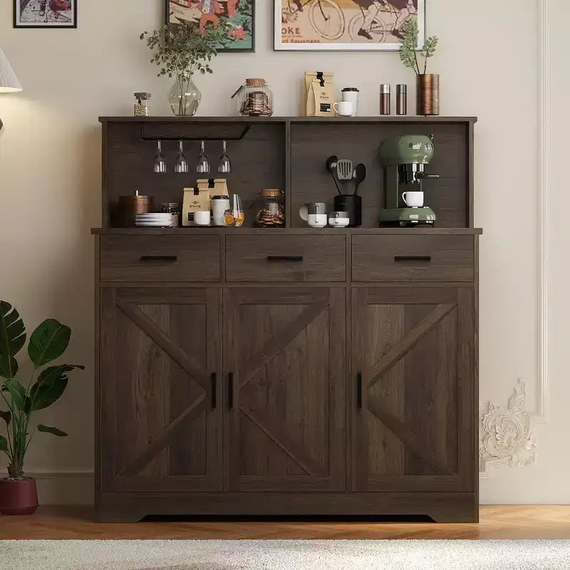 Buffet de ferme avec support à micro-ondes, buffet de rangement avec portes coulissantes, tiroirs et étagères, meuble bar à café en bois
