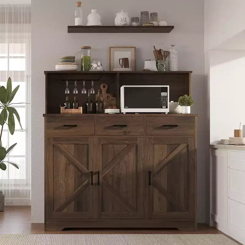 Buffet de ferme avec support à micro-ondes, buffet de rangement avec portes coulissantes, tiroirs et étagères, meuble bar à café en bois