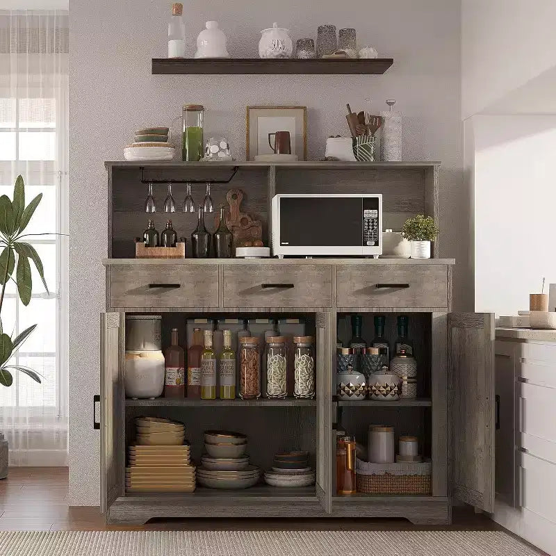 Buffet de ferme avec support à micro-ondes, buffet de rangement avec portes coulissantes, tiroirs et étagères, meuble bar à café en bois