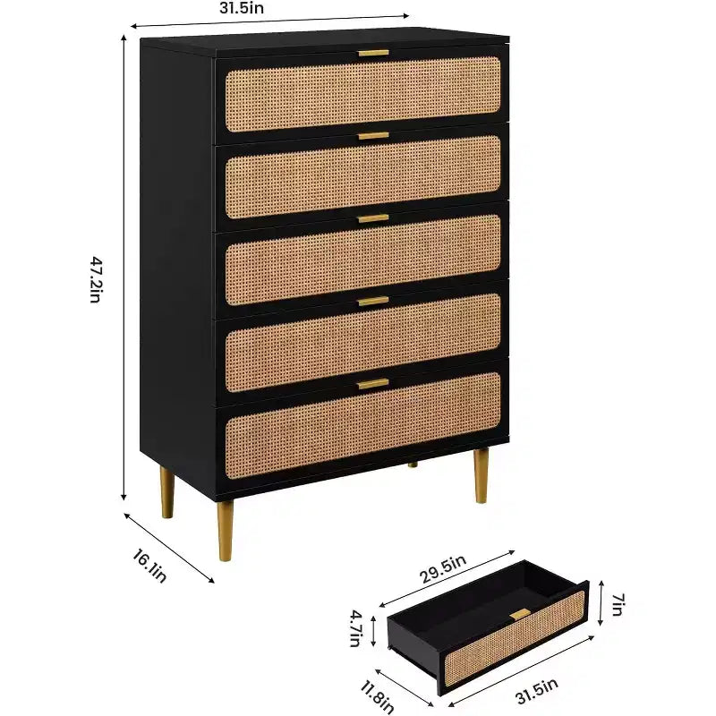 Commode 5 Tiroirs en Rotin pour Chambre à Coucher, Grande Commode Double, Commode en Bois pour Placard avec Grand Plateau, pour Salon, Couloir