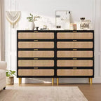 Commode 5 Tiroirs en Rotin pour Chambre à Coucher, Grande Commode Double, Commode en Bois pour Placard avec Grand Plateau, pour Salon, Couloir