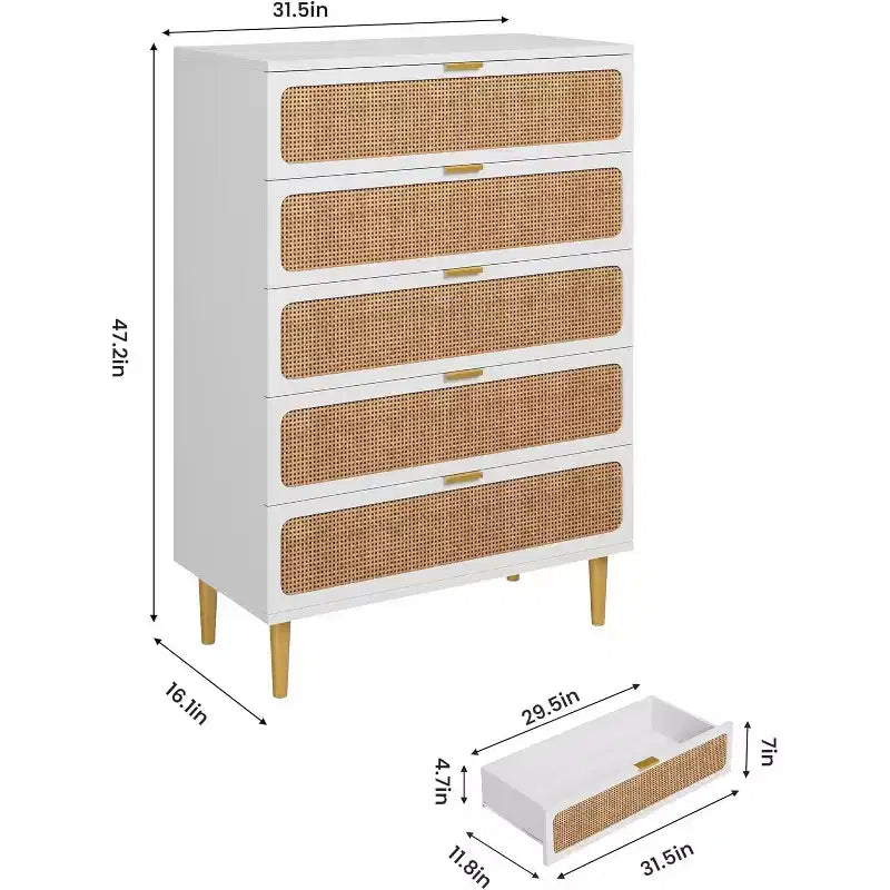 Commode 5 Tiroirs en Rotin pour Chambre à Coucher, Grande Commode Double, Commode en Bois pour Placard avec Grand Plateau, pour Salon, Couloir