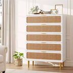 Commode 5 Tiroirs en Rotin pour Chambre à Coucher, Grande Commode Double, Commode en Bois pour Placard avec Grand Plateau, pour Salon, Couloir
