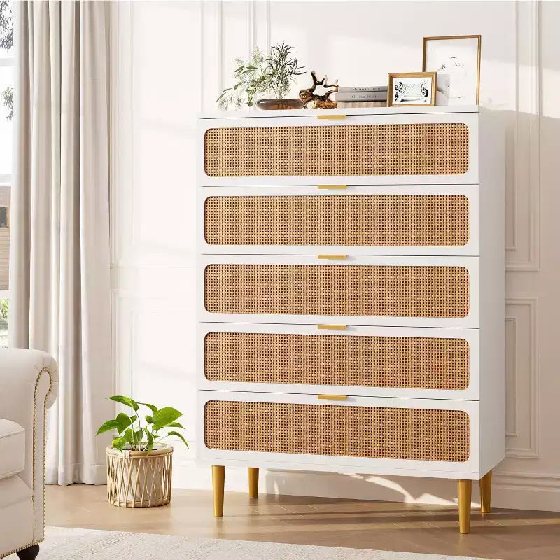 Commode 5 Tiroirs en Rotin pour Chambre à Coucher, Grande Commode Double, Commode en Bois pour Placard avec Grand Plateau, pour Salon, Couloir
