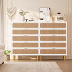 Commode 5 Tiroirs en Rotin pour Chambre à Coucher, Grande Commode Double, Commode en Bois pour Placard avec Grand Plateau, pour Salon, Couloir