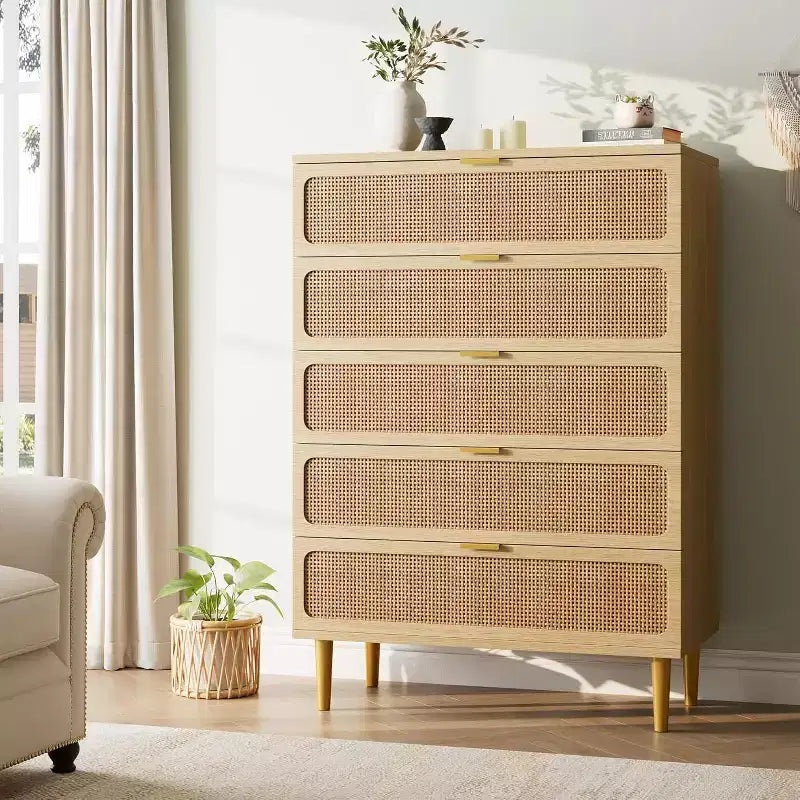 Commode 5 Tiroirs en Rotin pour Chambre à Coucher, Grande Commode Double, Commode en Bois pour Placard avec Grand Plateau, pour Salon, Couloir