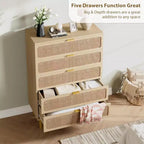 Commode 5 Tiroirs en Rotin pour Chambre à Coucher, Grande Commode Double, Commode en Bois pour Placard avec Grand Plateau, pour Salon, Couloir