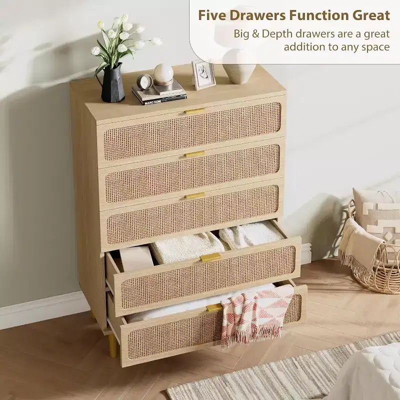 Commode 5 Tiroirs en Rotin pour Chambre à Coucher, Grande Commode Double, Commode en Bois pour Placard avec Grand Plateau, pour Salon, Couloir