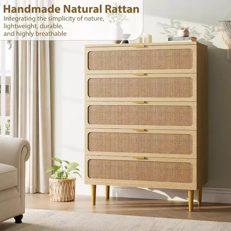 Commode 5 Tiroirs en Rotin pour Chambre à Coucher, Grande Commode Double, Commode en Bois pour Placard avec Grand Plateau, pour Salon, Couloir