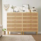 Commode 5 Tiroirs en Rotin pour Chambre à Coucher, Grande Commode Double, Commode en Bois pour Placard avec Grand Plateau, pour Salon, Couloir