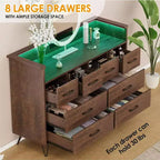 Meuble TV commode, commode de chambre avec lumière LED et station de recharge Centre de divertissement avec rangement 8 tiroirs Commodes en bois avec espace ouvert