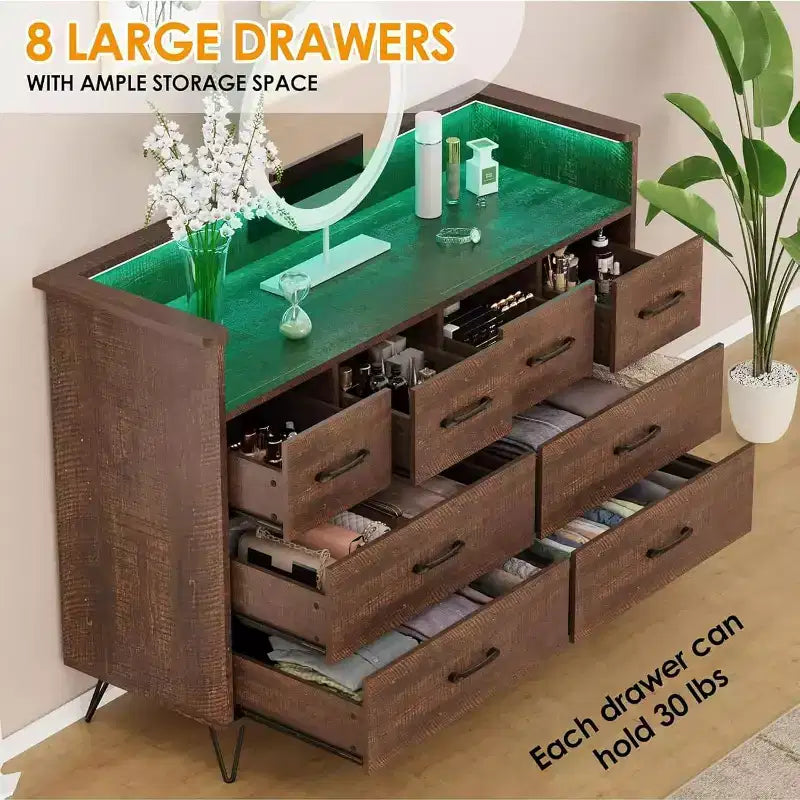 Meuble TV commode, commode de chambre avec lumière LED et station de recharge Centre de divertissement avec rangement 8 tiroirs Commodes en bois avec espace ouvert