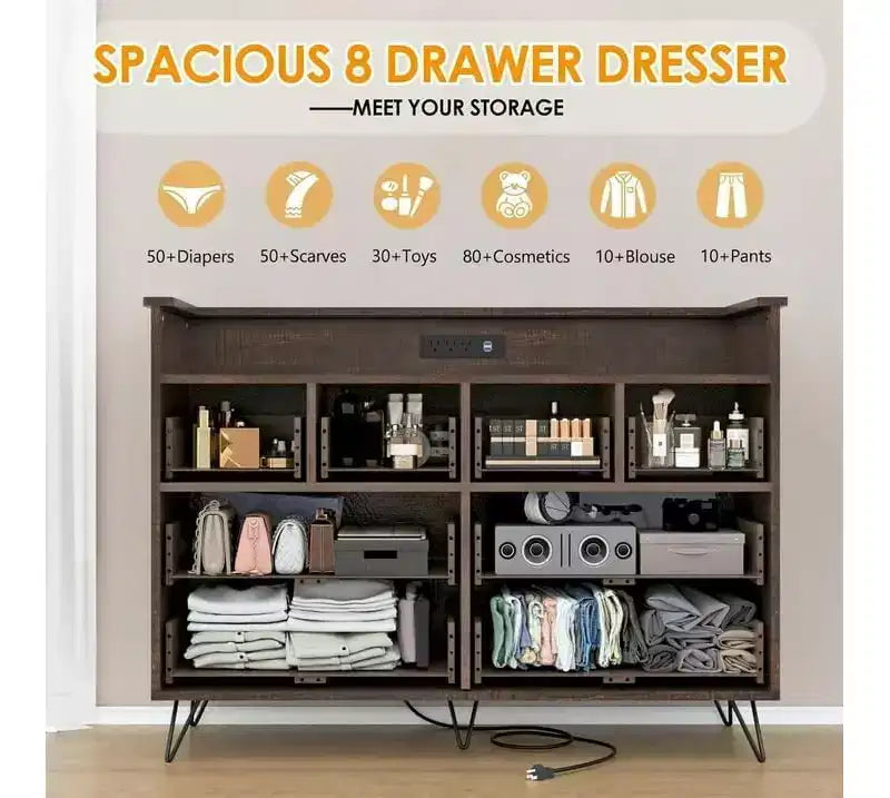 Meuble TV commode, commode de chambre avec lumière LED et station de recharge Centre de divertissement avec rangement 8 tiroirs Commodes en bois avec espace ouvert