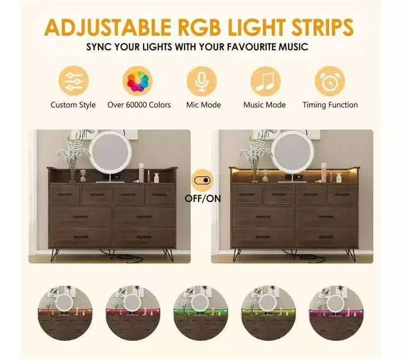 Meuble TV commode, commode de chambre avec lumière LED et station de recharge Centre de divertissement avec rangement 8 tiroirs Commodes en bois avec espace ouvert