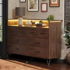 Meuble TV commode, commode de chambre avec lumière LED et station de recharge Centre de divertissement avec rangement 8 tiroirs Commodes en bois avec espace ouvert