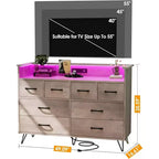 Meuble TV commode, commode de chambre avec lumière LED et station de recharge Centre de divertissement avec rangement 8 tiroirs Commodes en bois avec espace ouvert