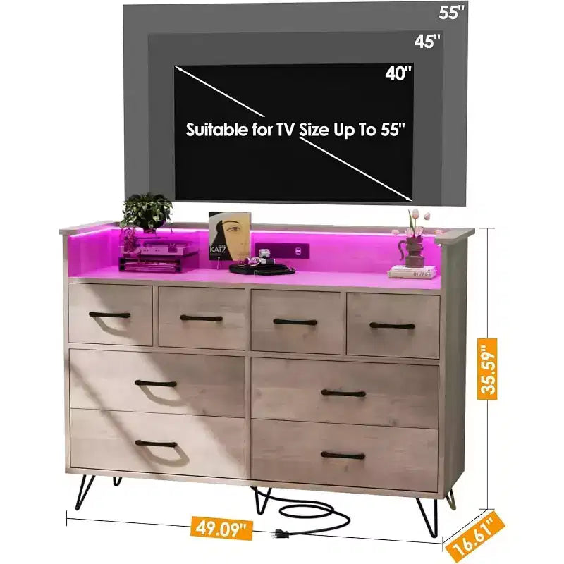 Meuble TV commode, commode de chambre avec lumière LED et station de recharge Centre de divertissement avec rangement 8 tiroirs Commodes en bois avec espace ouvert