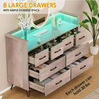Meuble TV commode, commode de chambre avec lumière LED et station de recharge Centre de divertissement avec rangement 8 tiroirs Commodes en bois avec espace ouvert