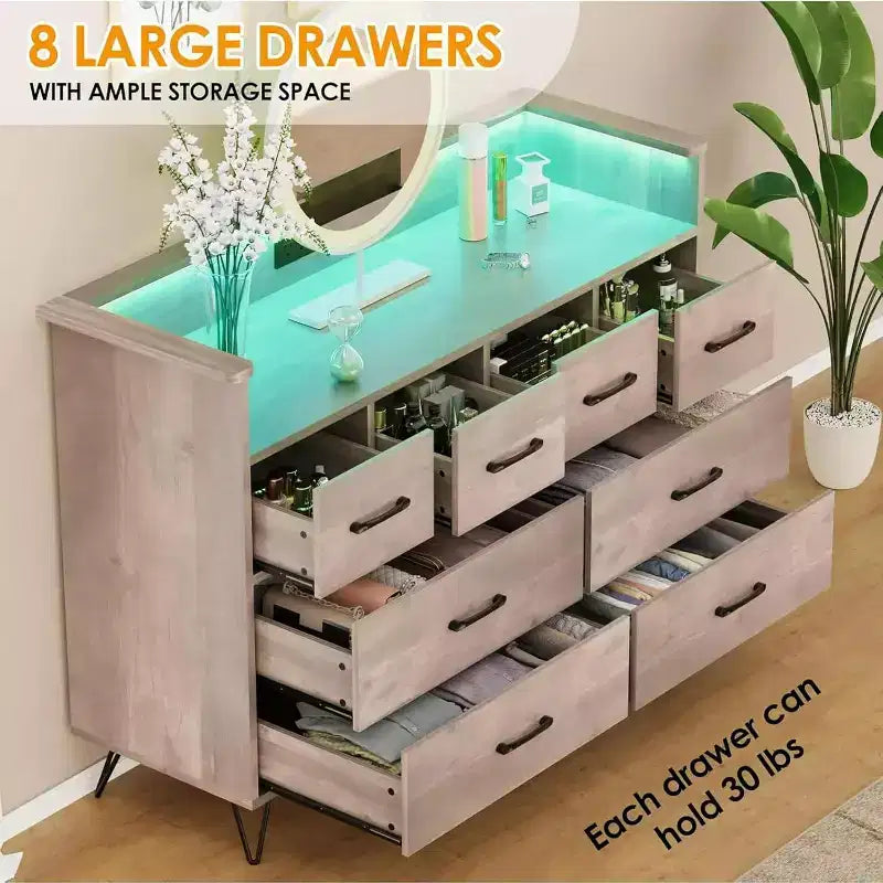Meuble TV commode, commode de chambre avec lumière LED et station de recharge Centre de divertissement avec rangement 8 tiroirs Commodes en bois avec espace ouvert