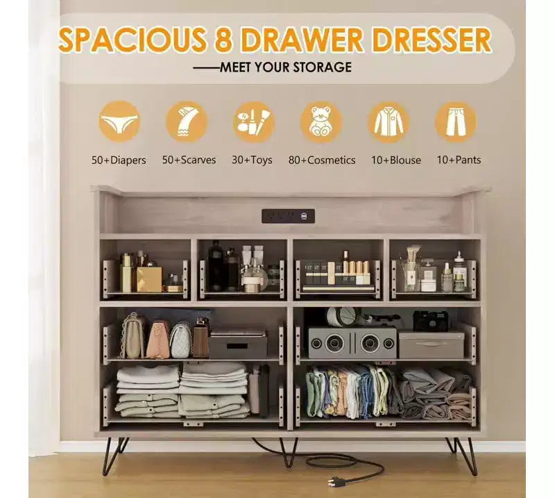 Meuble TV commode, commode de chambre avec lumière LED et station de recharge Centre de divertissement avec rangement 8 tiroirs Commodes en bois avec espace ouvert