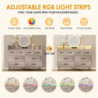 Meuble TV commode, commode de chambre avec lumière LED et station de recharge Centre de divertissement avec rangement 8 tiroirs Commodes en bois avec espace ouvert