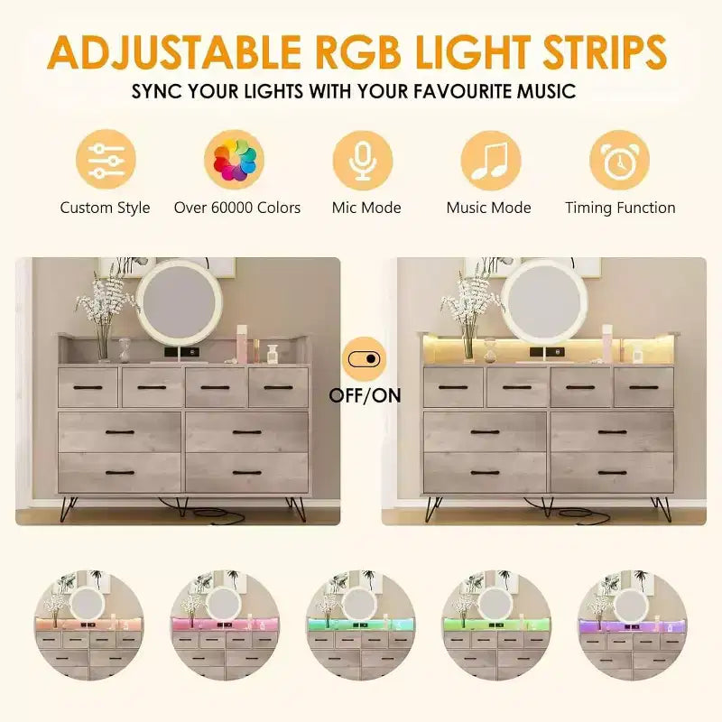 Meuble TV commode, commode de chambre avec lumière LED et station de recharge Centre de divertissement avec rangement 8 tiroirs Commodes en bois avec espace ouvert