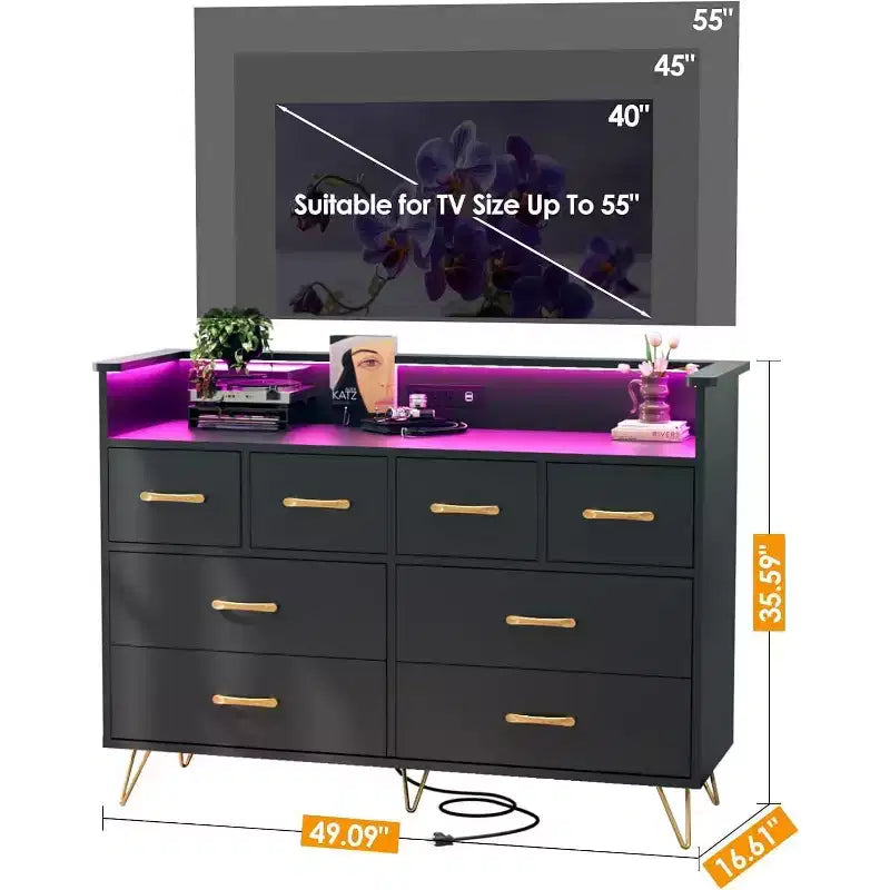 Meuble TV commode, commode de chambre avec lumière LED et station de recharge Centre de divertissement avec rangement 8 tiroirs Commodes en bois avec espace ouvert