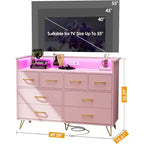 Meuble TV commode, commode de chambre avec lumière LED et station de recharge Centre de divertissement avec rangement 8 tiroirs Commodes en bois avec espace ouvert