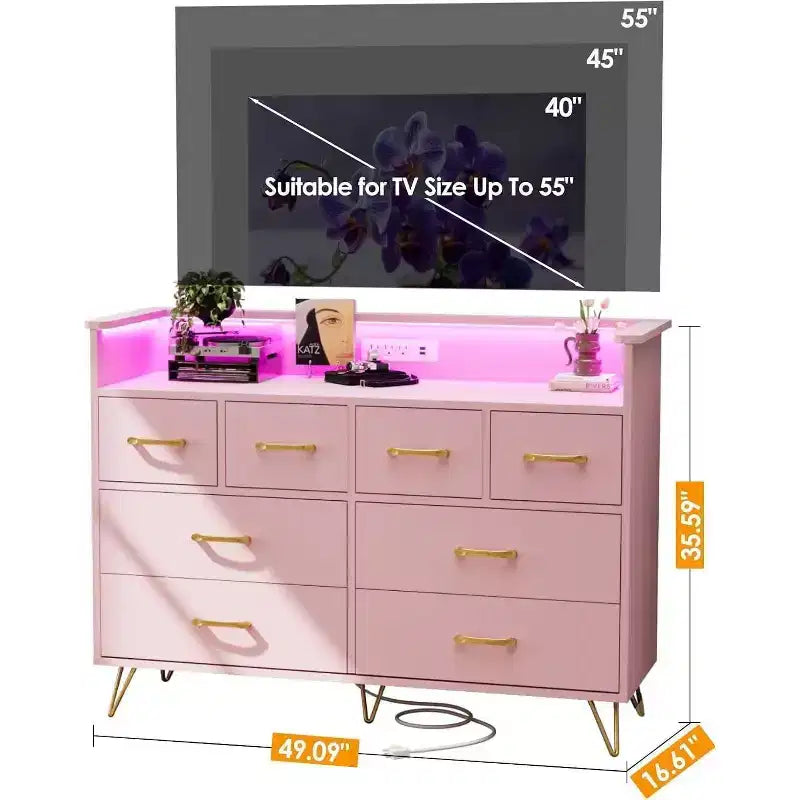 Meuble TV commode, commode de chambre avec lumière LED et station de recharge Centre de divertissement avec rangement 8 tiroirs Commodes en bois avec espace ouvert