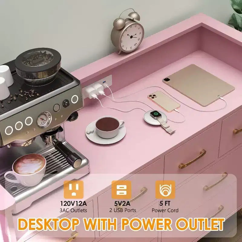 Meuble TV commode, commode de chambre avec lumière LED et station de recharge Centre de divertissement avec rangement 8 tiroirs Commodes en bois avec espace ouvert