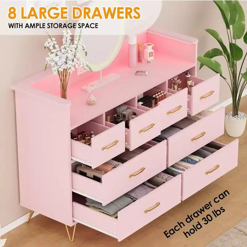 Meuble TV commode, commode de chambre avec lumière LED et station de recharge Centre de divertissement avec rangement 8 tiroirs Commodes en bois avec espace ouvert