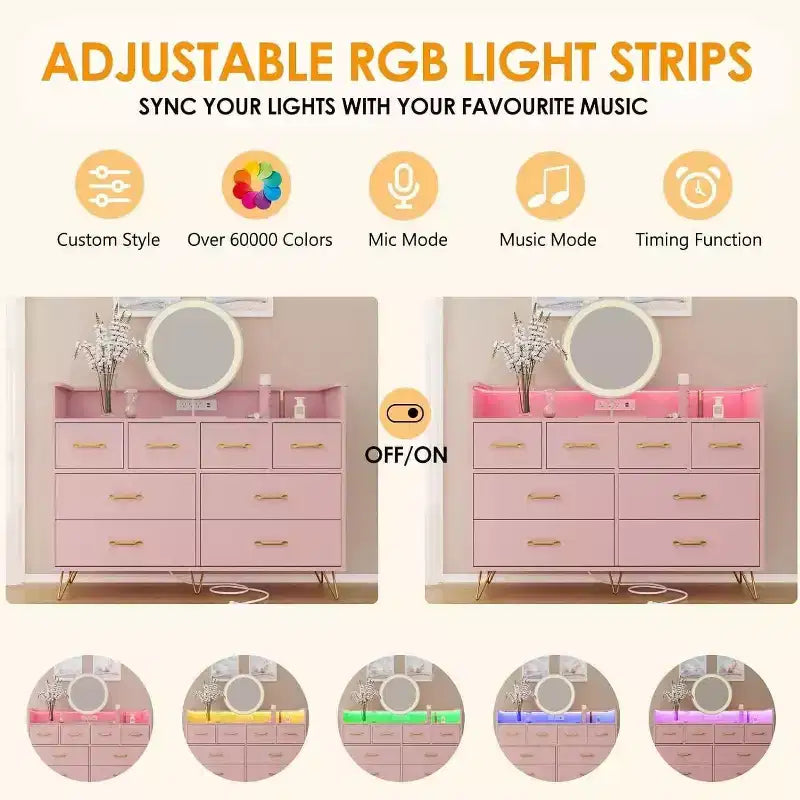 Meuble TV commode, commode de chambre avec lumière LED et station de recharge Centre de divertissement avec rangement 8 tiroirs Commodes en bois avec espace ouvert