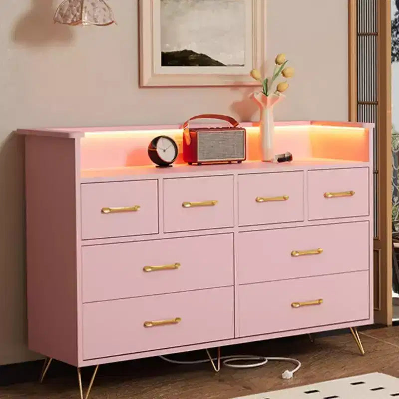 Meuble TV commode, commode de chambre avec lumière LED et station de recharge Centre de divertissement avec rangement 8 tiroirs Commodes en bois avec espace ouvert