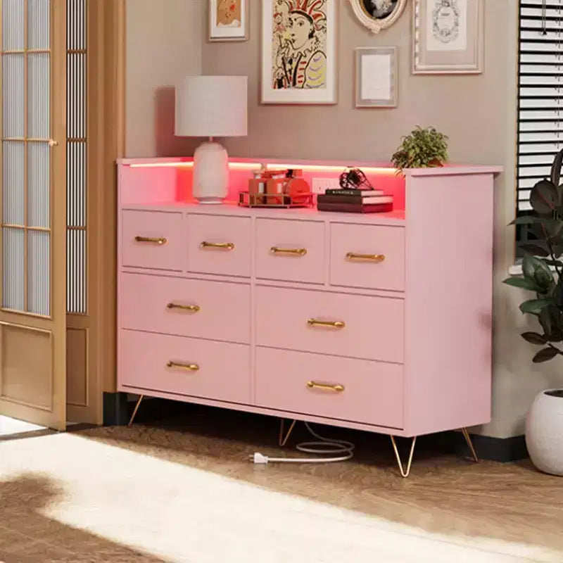 Meuble TV commode, commode de chambre avec lumière LED et station de recharge Centre de divertissement avec rangement 8 tiroirs Commodes en bois avec espace ouvert