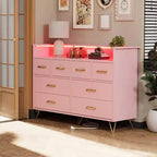 Meuble TV commode, commode de chambre avec lumière LED et station de recharge Centre de divertissement avec rangement 8 tiroirs Commodes en bois avec espace ouvert