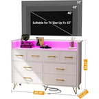 Meuble TV commode, commode de chambre avec lumière LED et station de recharge Centre de divertissement avec rangement 8 tiroirs Commodes en bois avec espace ouvert