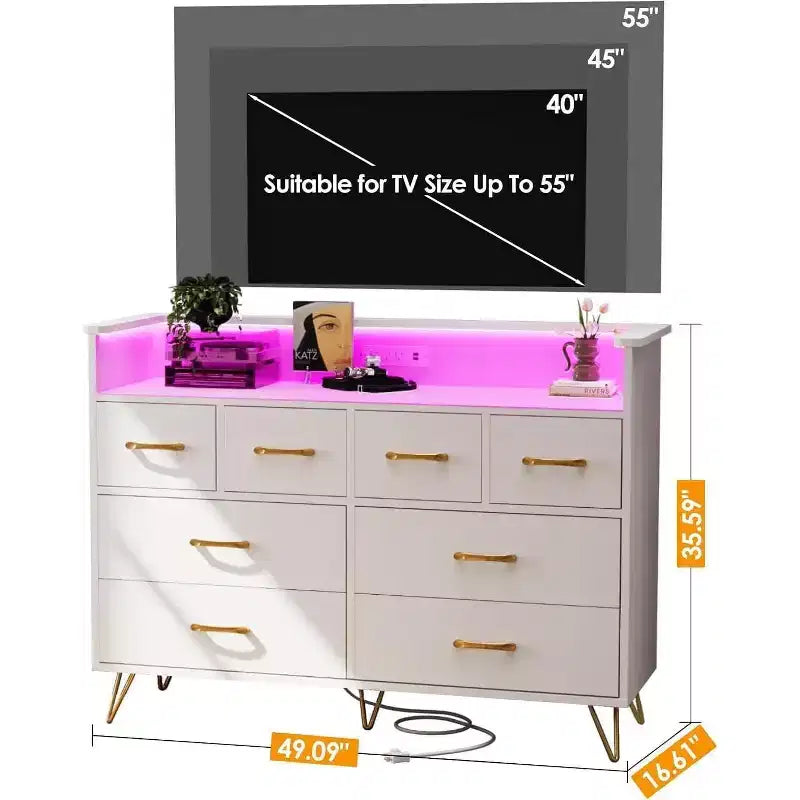 Meuble TV commode, commode de chambre avec lumière LED et station de recharge Centre de divertissement avec rangement 8 tiroirs Commodes en bois avec espace ouvert